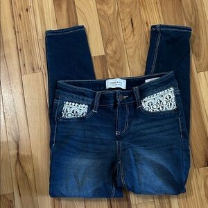 crown & ivy Navy Skinny Jeans with White Lace Trim